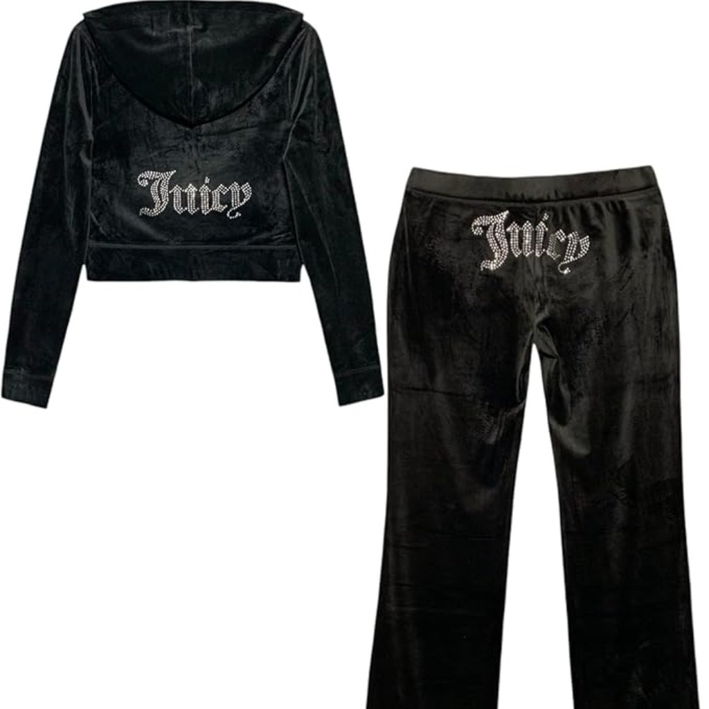 Black Juicy Couture velour tracksuit jacket and trousers with the wordmark on the hood and leg, photographed on white